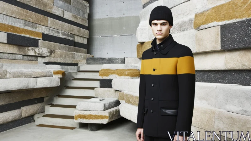AI ART Stylish Male Model in Black and Yellow Striped Coat