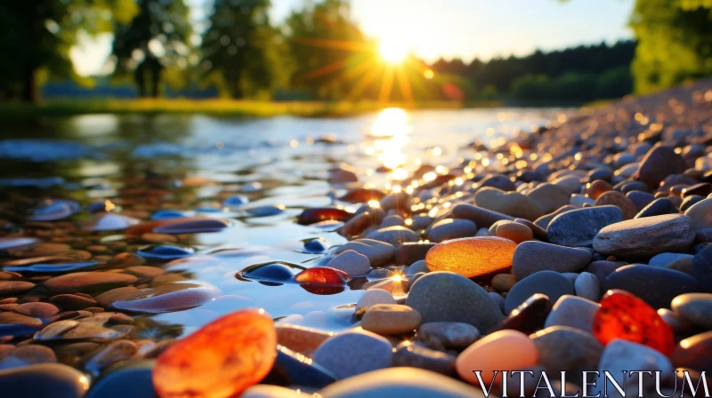 Sun-kissed Stones on Tranquil River Shore AI Image