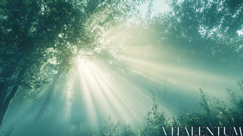 AI ART Ethereal Sunrays in a Misty Forest