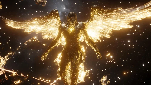 Golden Angel with Wings in Space