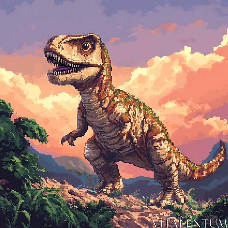 Pixel Art Dinosaur at Sunset AI Image