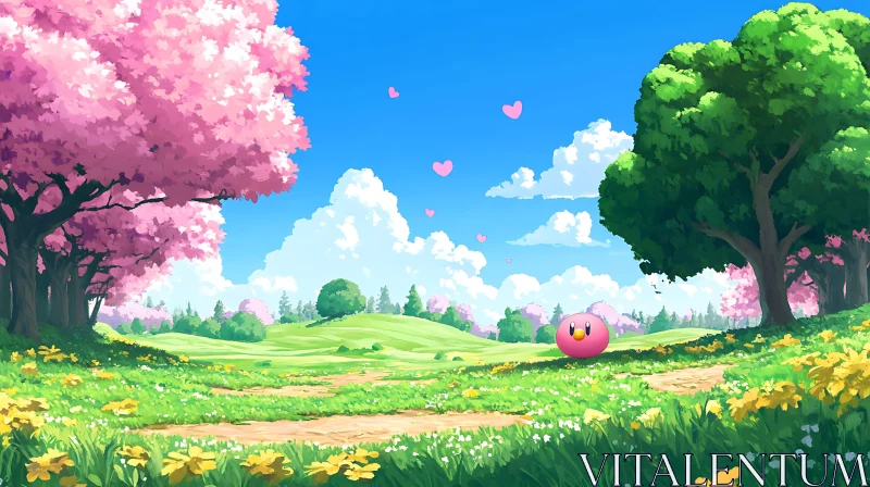 AI ART Whimsical Field with Pink Character