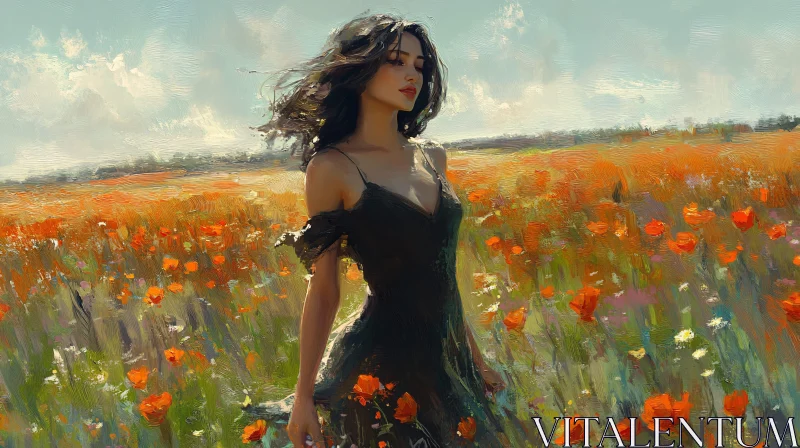 Lady in Black Dress Among Poppies AI Image