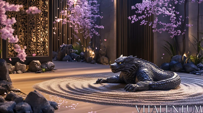 Zen Garden Dragon with Blossoms AI Image