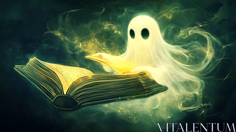 Ethereal Reader: Ghost and the Glowing Book AI Image