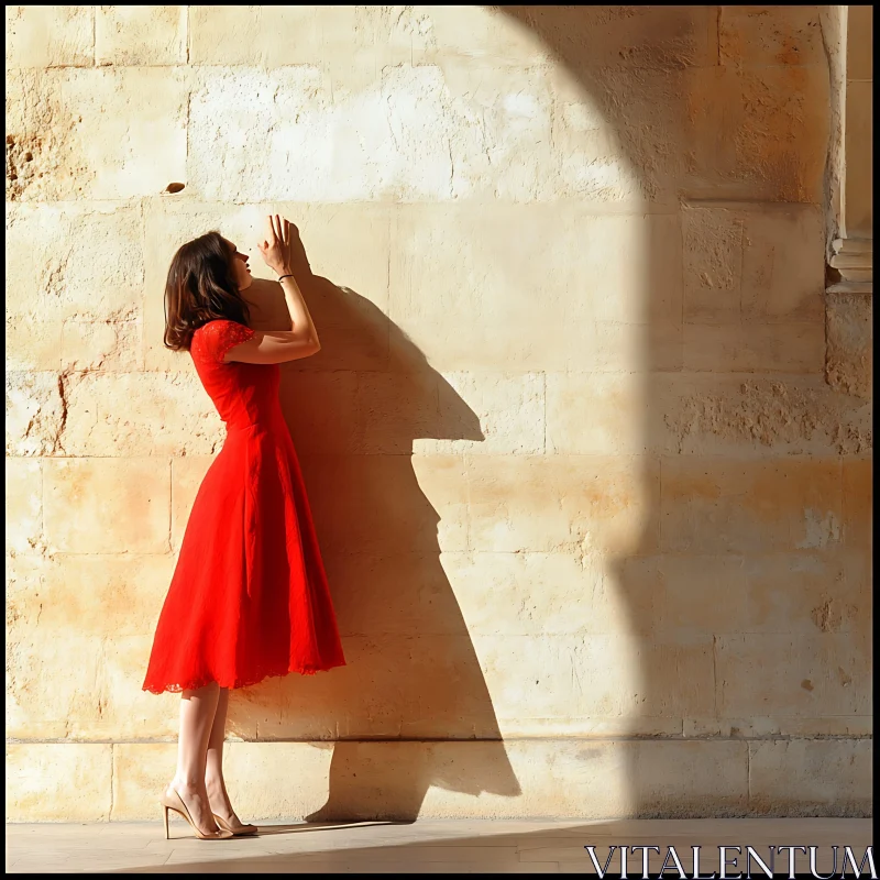 Lady in scarlet dress and sunbeam AI Image