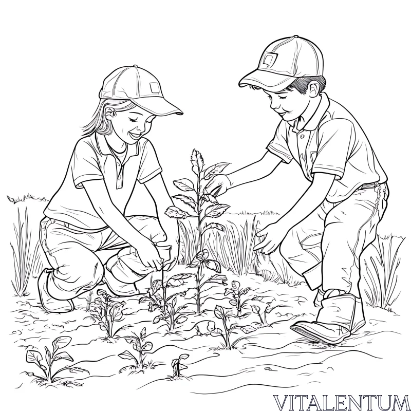 Kids Gardening Black and White Illustration AI Image