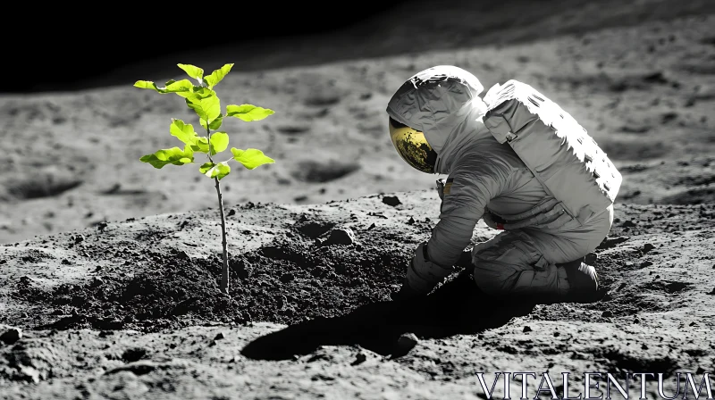 Lunar Planting: Astronaut and Sapling AI Image