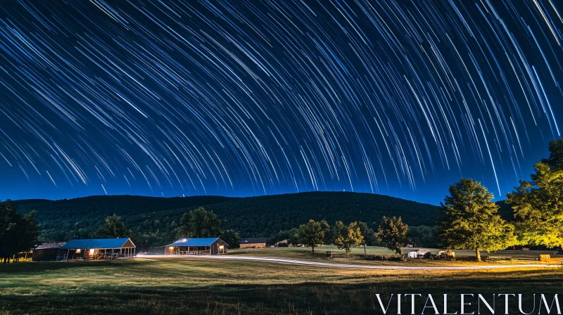 Night Sky Star Trails Over Houses AI Image