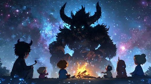 Children's Tale with Monster and Campfire