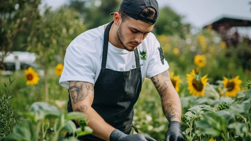 Man Gardening with Sunflowers