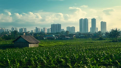 Rural Field and Urban Skyline Composition