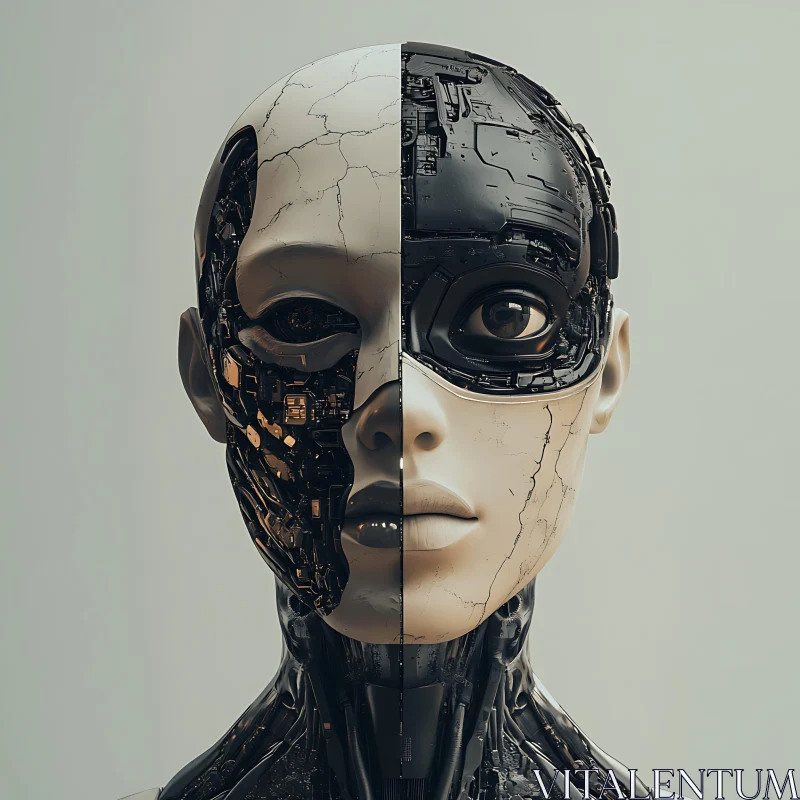 Symmetrical Cyborg Face with Human and Mechanical Elements AI Image