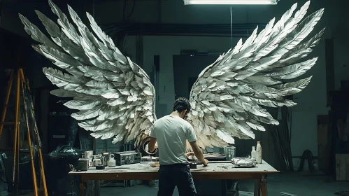 Man Crafting Angel Wings Sculpture