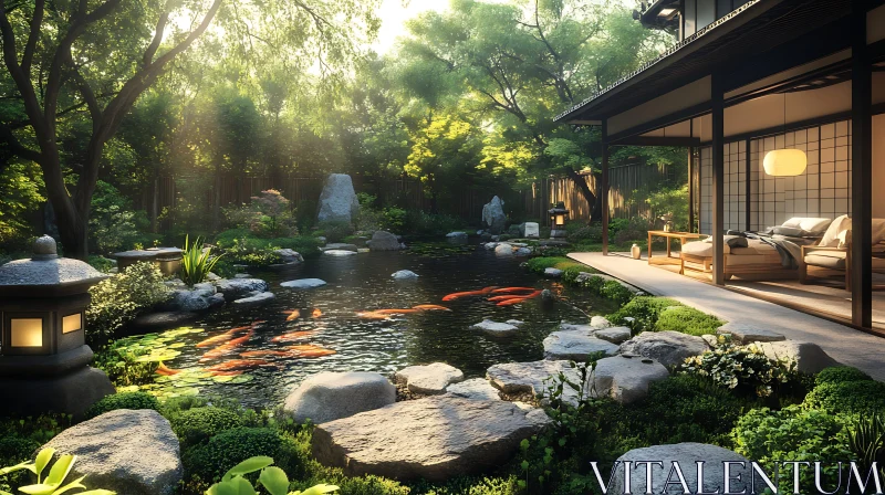 Zen Garden with Koi Fish and House AI Image