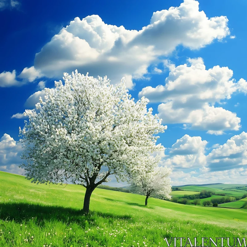 White Blossoms Landscape Under Blue Sky AI Image