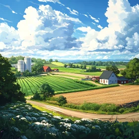 Rural Farm Scenery with Blue Sky