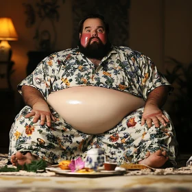 Man in Floral Attire with Tea