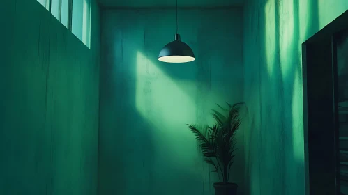 Minimalist Green Interior with Plant and Lamp