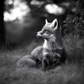 Monochrome Fox in Grassy Meadow