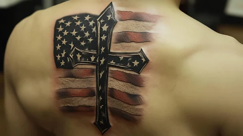 Detailed Cross and Flag Tattoo on Back