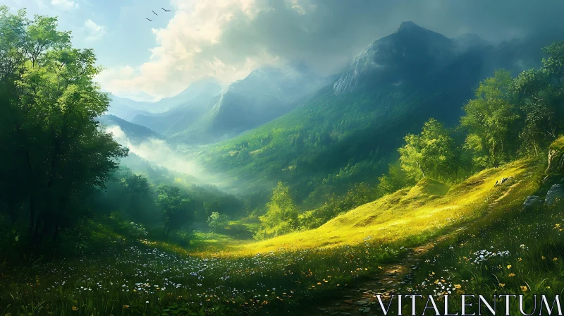 Lush Green Valley with Mountain View AI Image