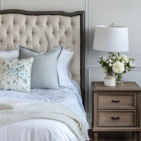 Cozy Bedroom with Bedside Floral Arrangement