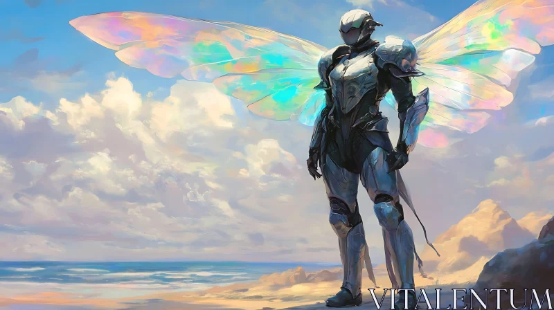 Robotic Figure with Colorful Wings by the Shore AI Image