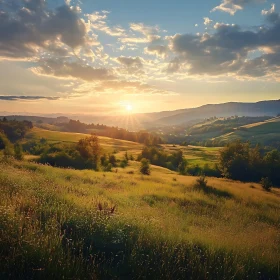 Scenic Sunset Landscape with Grassy Hills