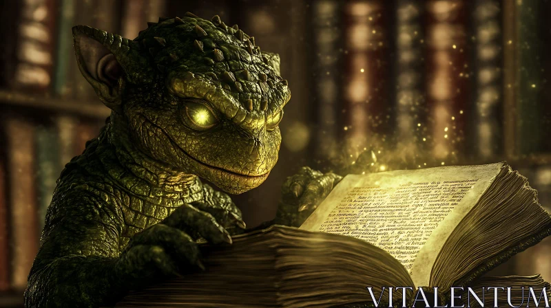 AI ART Reptilian Reader in an Old Library