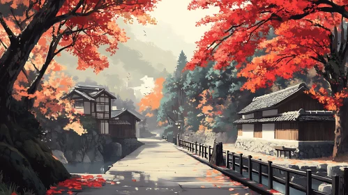 Japanese Autumn Village Scene