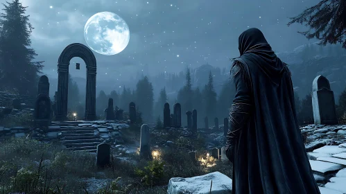 Graveyard at Night with Hooded Figure