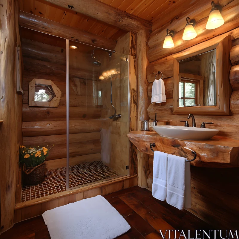 Log Cabin Bathroom with Wooden Accents AI Image