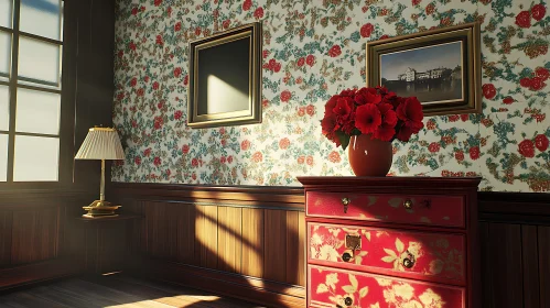 Floral Wallpaper and Red Dresser