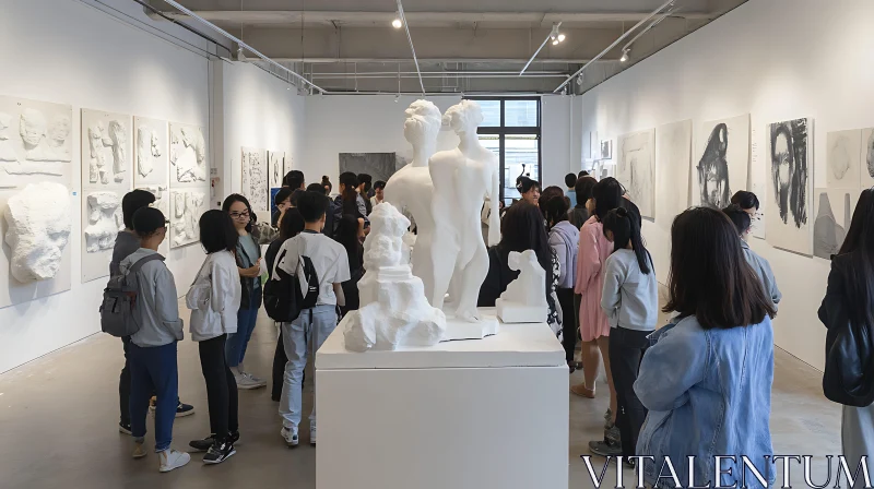 Crowded Art Gallery with Sculptures AI Image