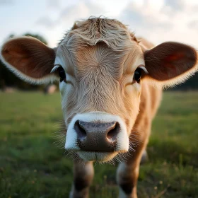 Close-Up of a Brown Calf in Field