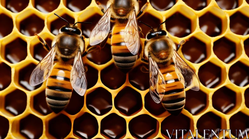 Captivating Macro Shot of Bees on Honeycomb AI Image