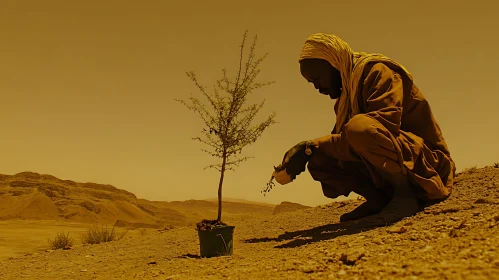 Man Planting Tree in Arid Landscape