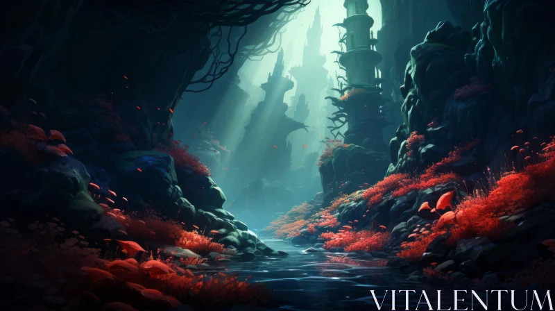 Dark Forest and River Artwork - Mysterious Landscape AI Image
