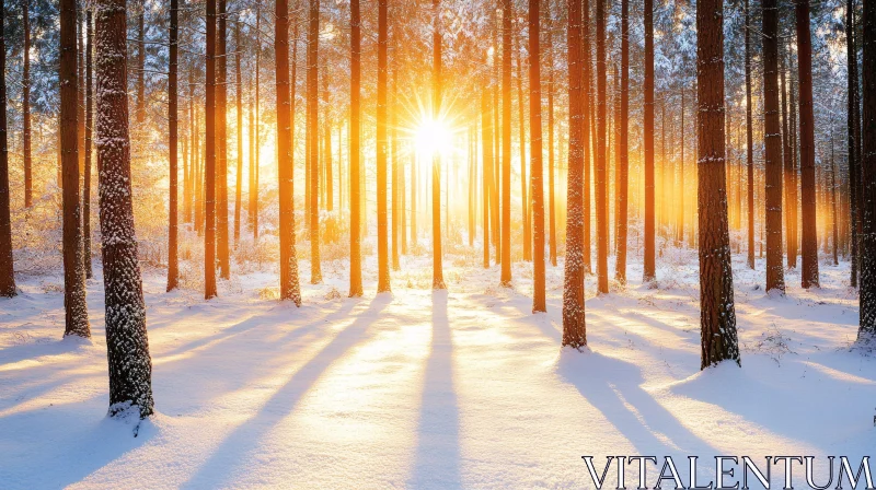 AI ART Golden Sunlight in Snowy Winter Forest