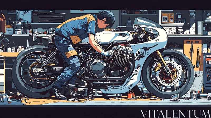 Mechanic Fixing Motorcycle Illustration AI Image