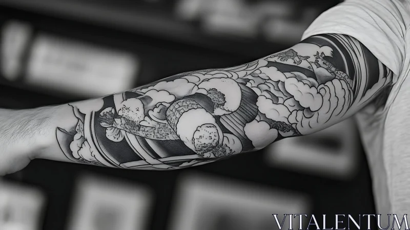 Artistic Arm Tattoo with Sushi and Cloud Patterns AI Image