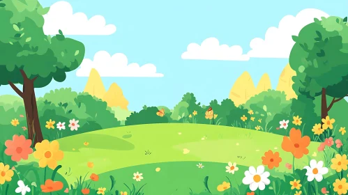 Cartoon Field with Flowers and Butterflies