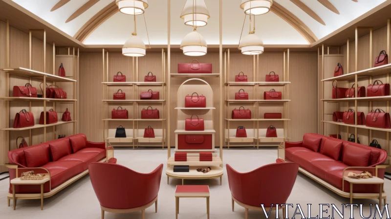 AI ART Elegant Retail Showroom with Red Couches and Bags - Layered Veneer Panels
