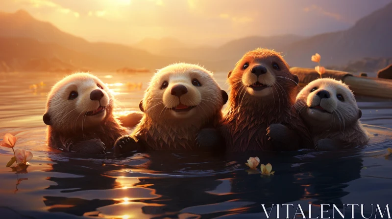 Joyful Otters at Sunrise - Captivating Close-Up Wildlife Scene AI Image