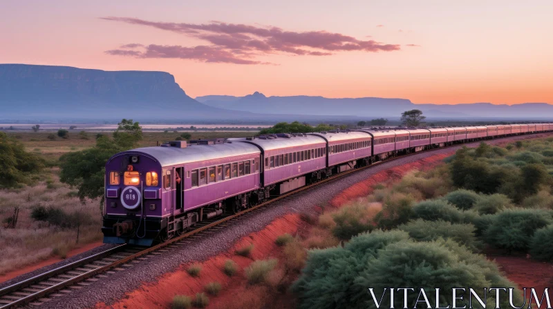 Purple Train Traveling on Tracks in Rural Area | Native Australian Motifs AI Image