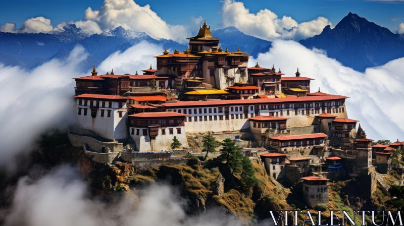 Serene Temple in Bhutan: Captivating Cityscape Amidst Cloudy Mountains AI Image