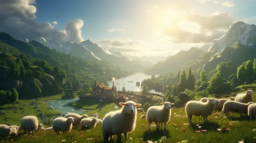 Sheep Grazing in a Sunset Valley - Unreal Engine Rendered Landscape