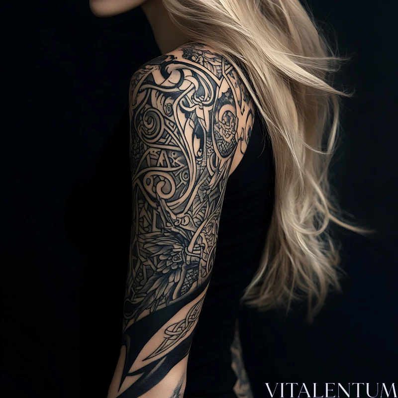 Detailed Arm Tattoo Design with Long Blonde Hair AI Image