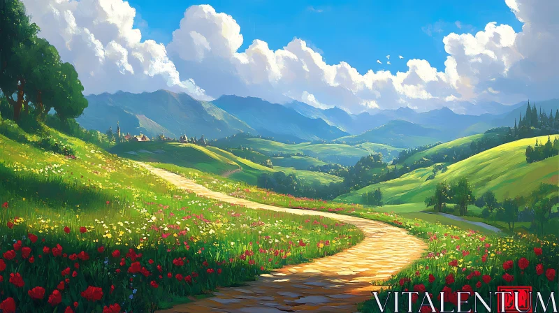 Idyllic Landscape with Flower Meadow and Mountains AI Image